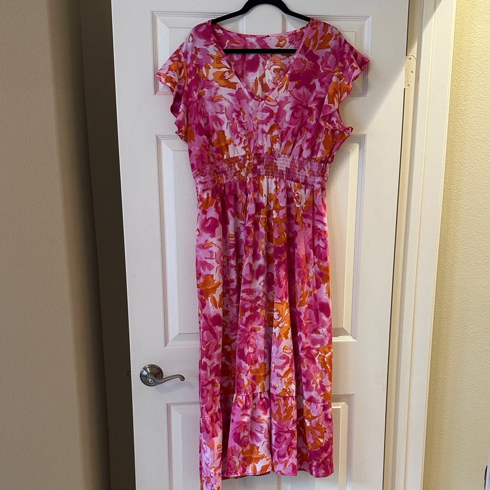 SHEIN Pink and Orange Floral Midi Dress
